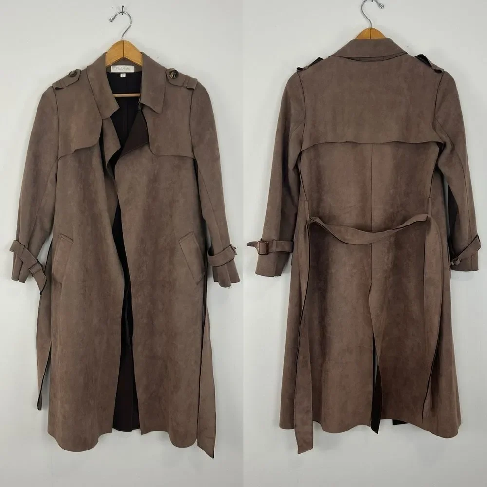 Faux Suede Elegant Belted Trench Coat - Picture 5 of 8